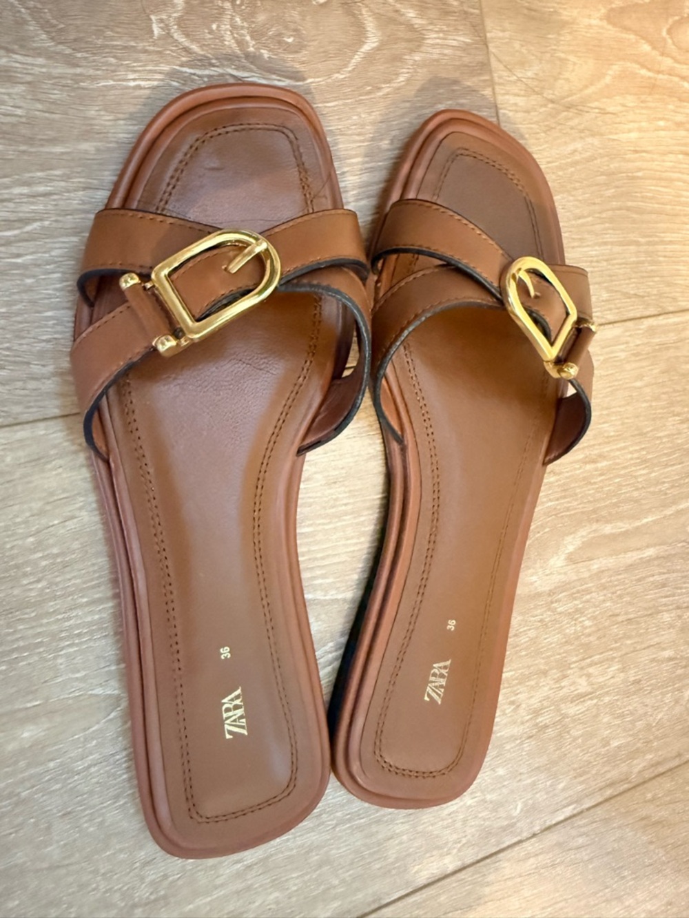 Zara Cognac Slide Sandals with Gold Buckles